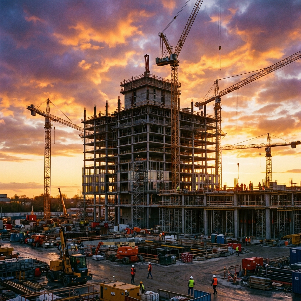 Modern building under construction at golden hour